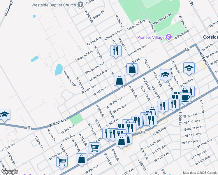 map of restaurants, bars, coffee shops, grocery stores, and more near 602 North 26th Street in Corsicana