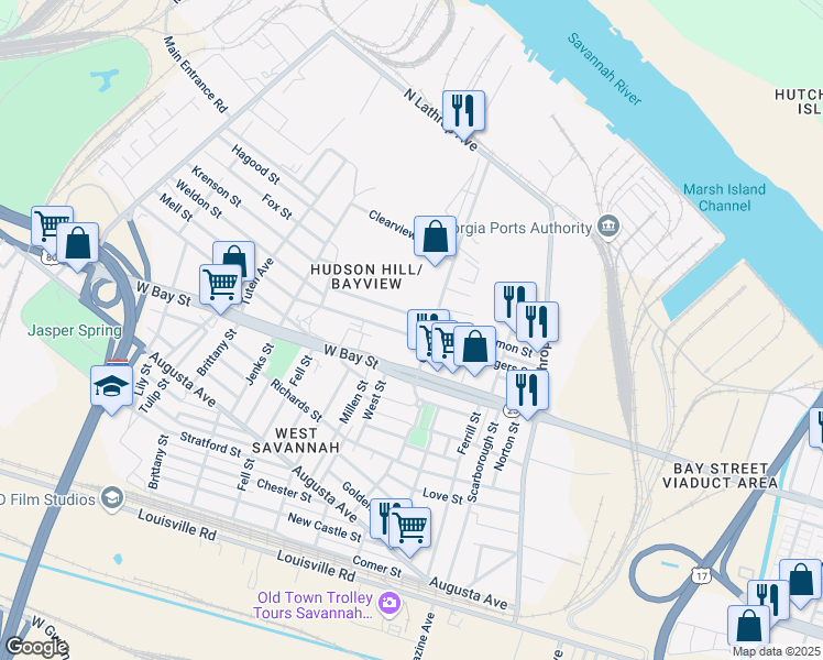 map of restaurants, bars, coffee shops, grocery stores, and more near 1323 Damon Street in Savannah