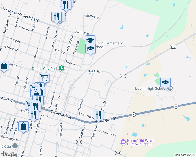 map of restaurants, bars, coffee shops, grocery stores, and more near East Harris in Dublin