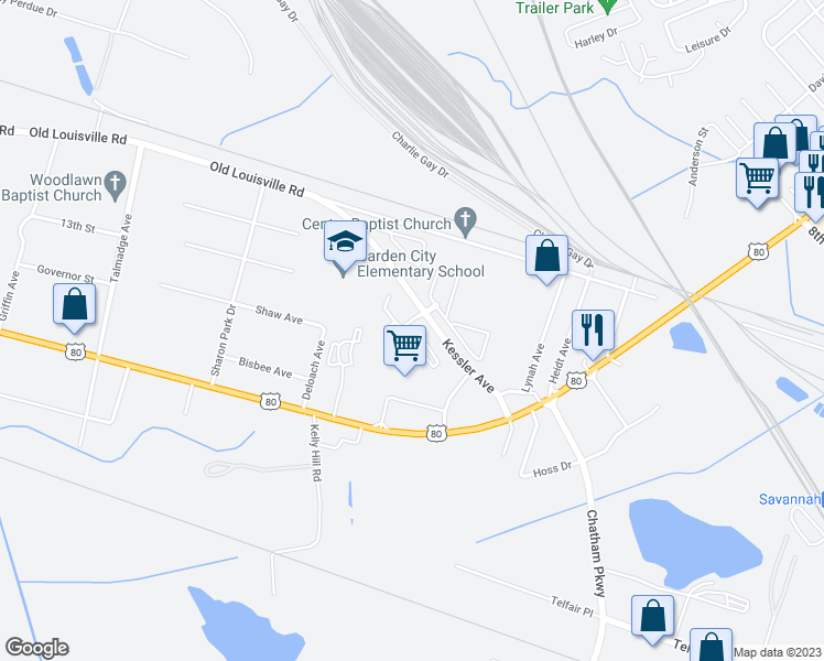 map of restaurants, bars, coffee shops, grocery stores, and more near 415 Kessler Court in Savannah
