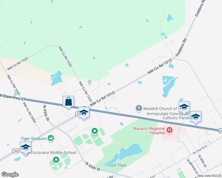 map of restaurants, bars, coffee shops, grocery stores, and more near 3556 Dobbins Road in Corsicana