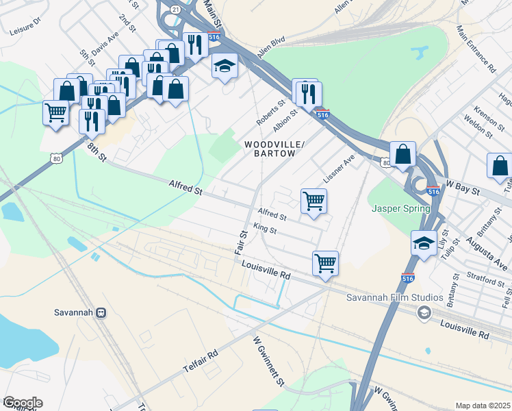 map of restaurants, bars, coffee shops, grocery stores, and more near 26-38 Alfred Street in Savannah