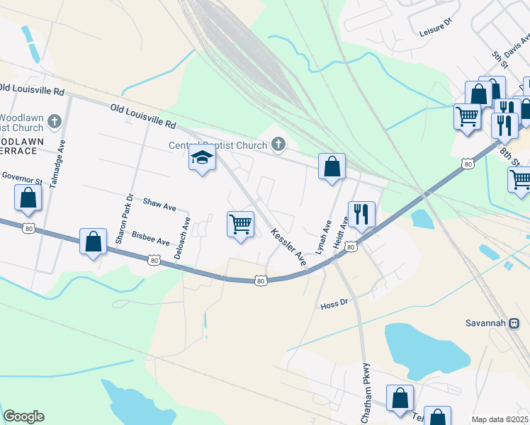 map of restaurants, bars, coffee shops, grocery stores, and more near 801 Kessler Court in Garden City