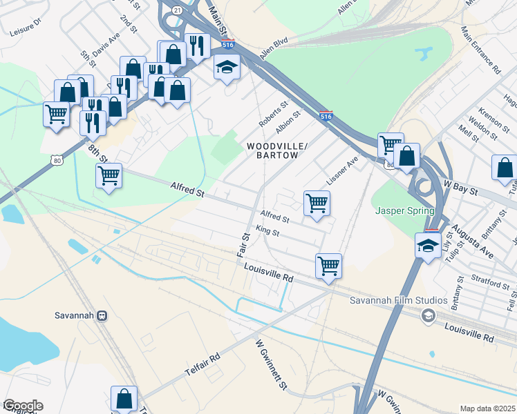 map of restaurants, bars, coffee shops, grocery stores, and more near 320 Fair Street in Savannah