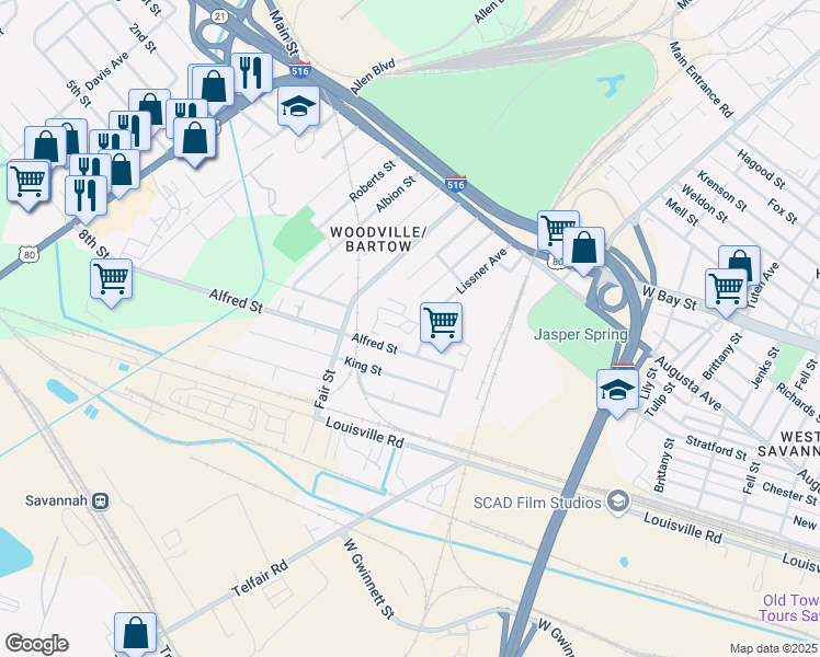 map of restaurants, bars, coffee shops, grocery stores, and more near 205 Lissner Avenue in Savannah
