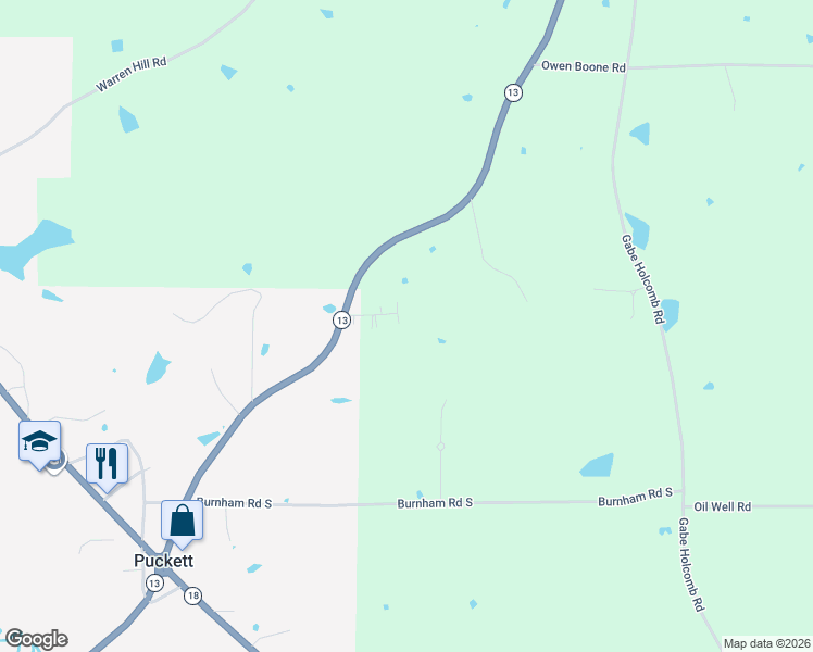 map of restaurants, bars, coffee shops, grocery stores, and more near 1074 Mississippi 13 in Puckett