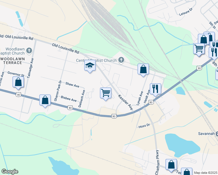 map of restaurants, bars, coffee shops, grocery stores, and more near 801 Kessler Court in Garden City
