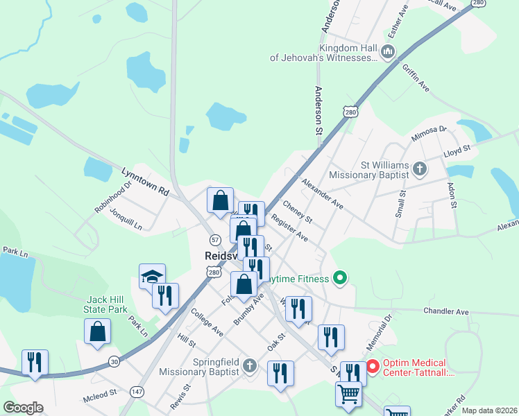 map of restaurants, bars, coffee shops, grocery stores, and more near 141 East Brazell Street in Reidsville