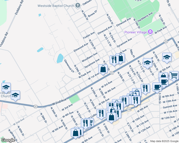 map of restaurants, bars, coffee shops, grocery stores, and more near 618 North 27th Street in Corsicana