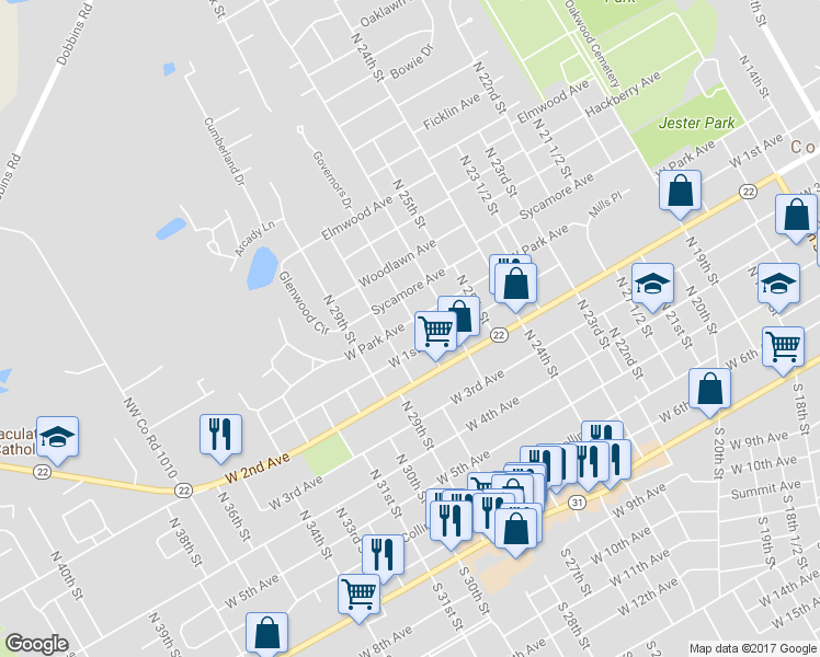 map of restaurants, bars, coffee shops, grocery stores, and more near 618 North 27th Street in Corsicana