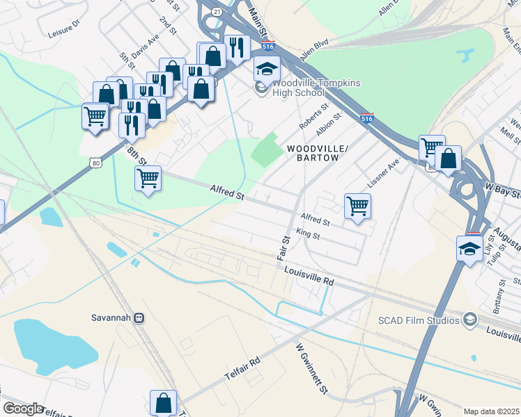 map of restaurants, bars, coffee shops, grocery stores, and more near 125 Alfred Street in Savannah