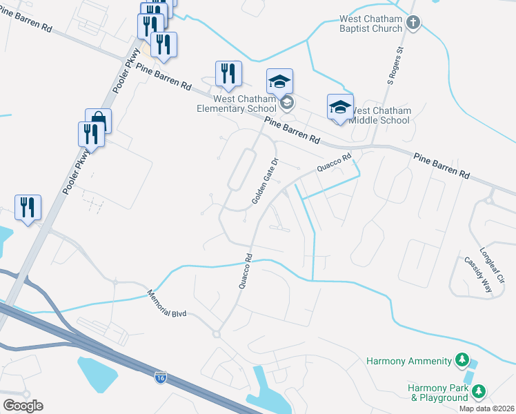 map of restaurants, bars, coffee shops, grocery stores, and more near 70 Golden Gate Drive in Pooler