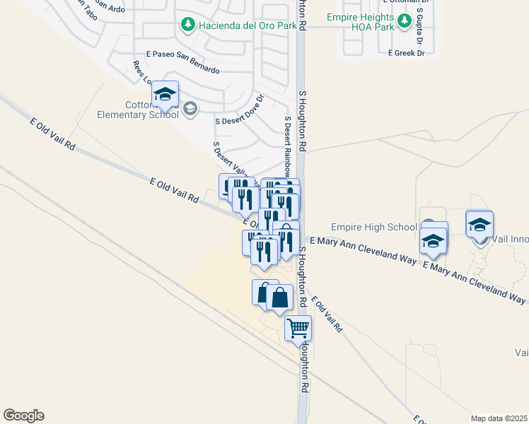 map of restaurants, bars, coffee shops, grocery stores, and more near 10185 East Old Vail Road in Tucson