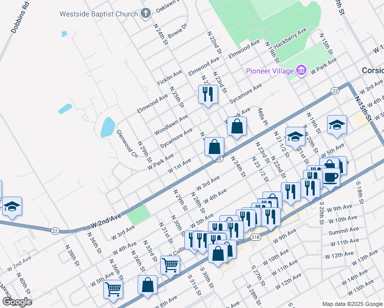 map of restaurants, bars, coffee shops, grocery stores, and more near 602 North 26th Street in Corsicana