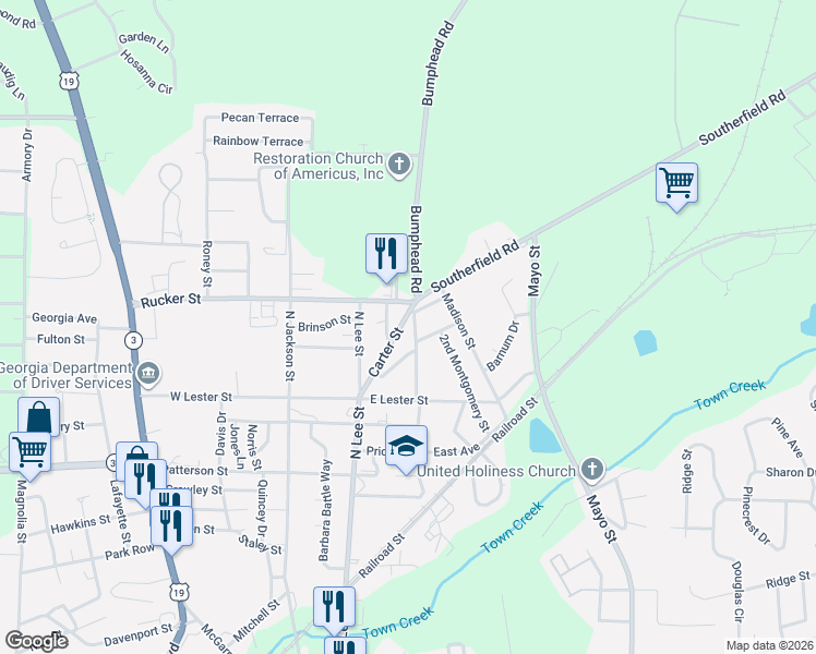 map of restaurants, bars, coffee shops, grocery stores, and more near 137 Carter Street in Americus