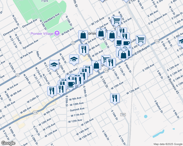 map of restaurants, bars, coffee shops, grocery stores, and more near 637 West 6th Avenue in Corsicana