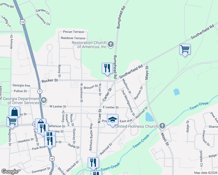map of restaurants, bars, coffee shops, grocery stores, and more near 137 Carter Street in Americus