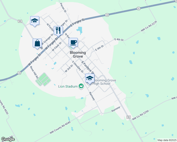map of restaurants, bars, coffee shops, grocery stores, and more near 509 South Fordyce Street in Blooming Grove