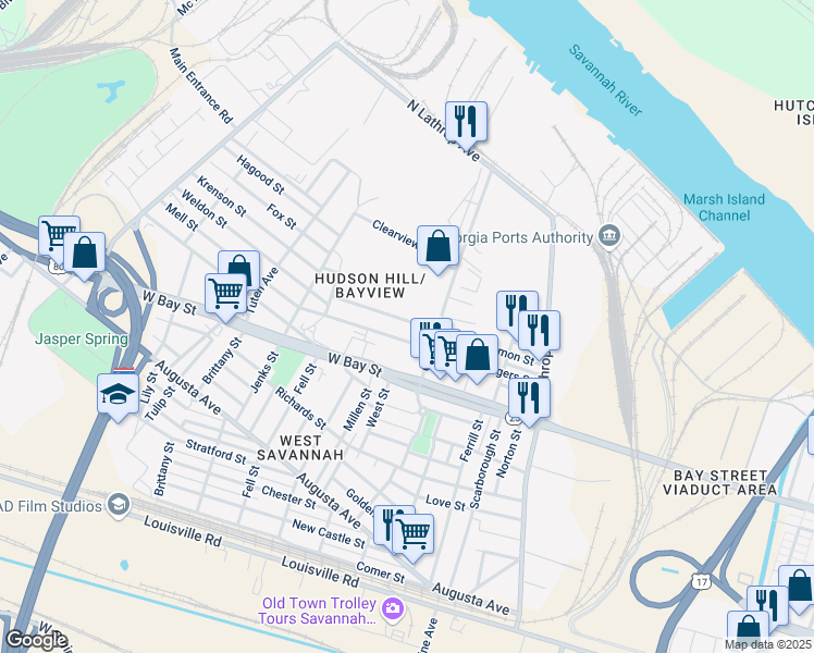 map of restaurants, bars, coffee shops, grocery stores, and more near 1323 Damon Street in Savannah