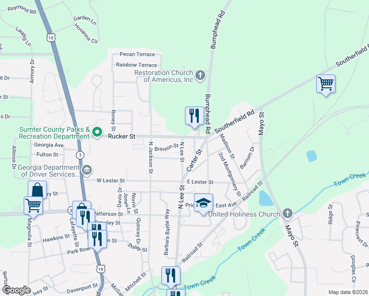 map of restaurants, bars, coffee shops, grocery stores, and more near 1421 North Lee Street in Americus