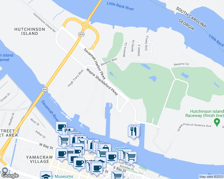 map of restaurants, bars, coffee shops, grocery stores, and more near Wayne Shackleford Parkway in Savannah