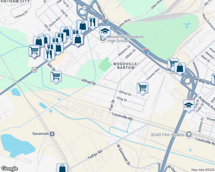 map of restaurants, bars, coffee shops, grocery stores, and more near 125 Alfred Street in Savannah