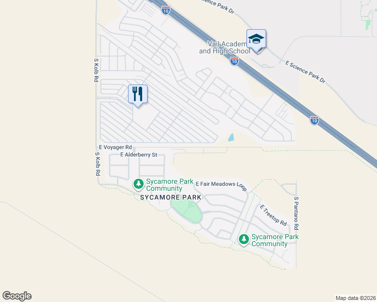 map of restaurants, bars, coffee shops, grocery stores, and more near 8786-8898 East Voyager Road in Tucson