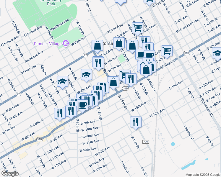 map of restaurants, bars, coffee shops, grocery stores, and more near 637 West 6th Avenue in Corsicana