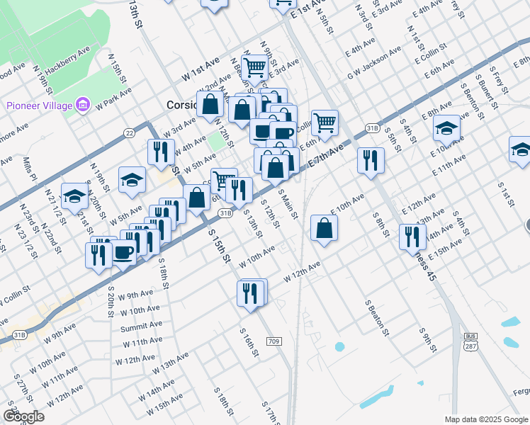 map of restaurants, bars, coffee shops, grocery stores, and more near 400 South 12th Street in Corsicana