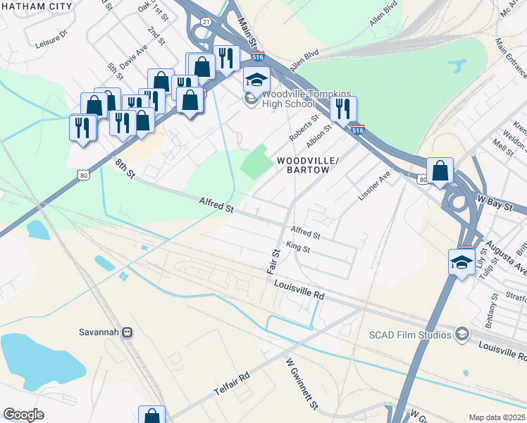 map of restaurants, bars, coffee shops, grocery stores, and more near 125 Alfred Street in Savannah