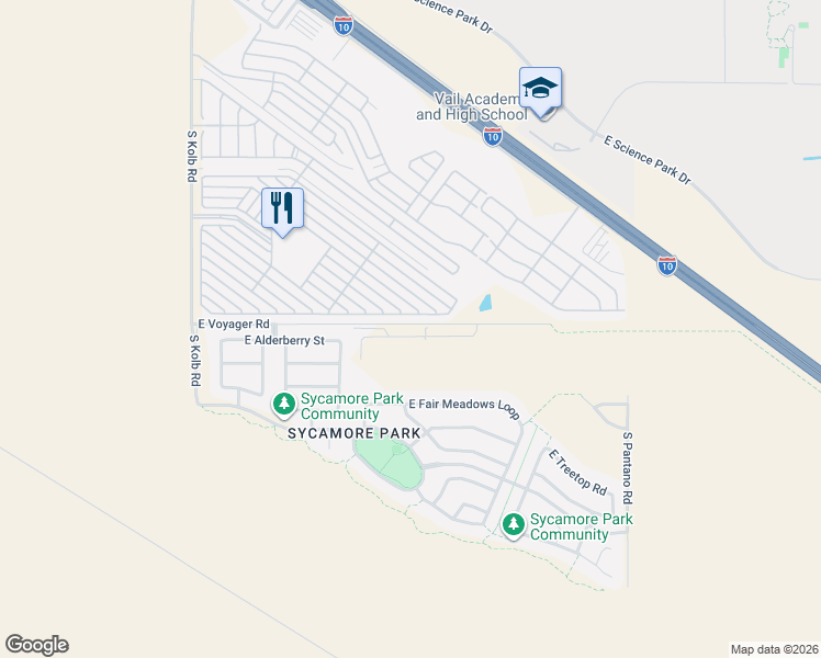 map of restaurants, bars, coffee shops, grocery stores, and more near 8786-8898 East Voyager Road in Tucson