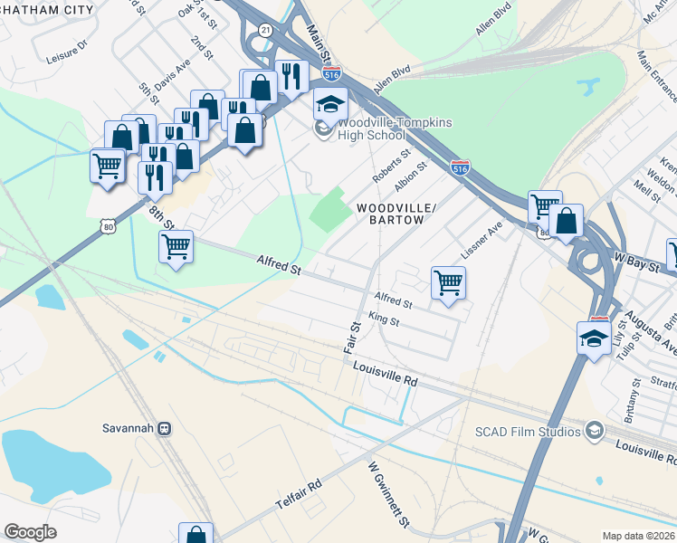 map of restaurants, bars, coffee shops, grocery stores, and more near 125 Alfred Street in Savannah
