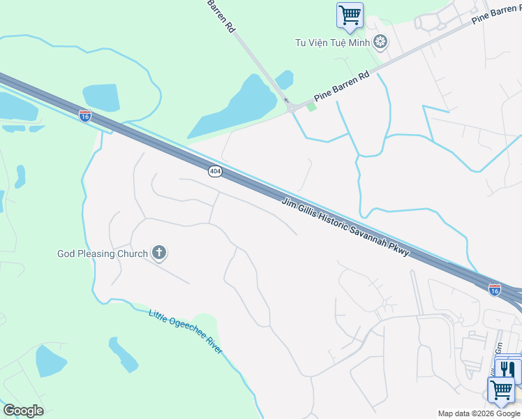 map of restaurants, bars, coffee shops, grocery stores, and more near Jim Gillis Historic Savannah Parkway in Pooler