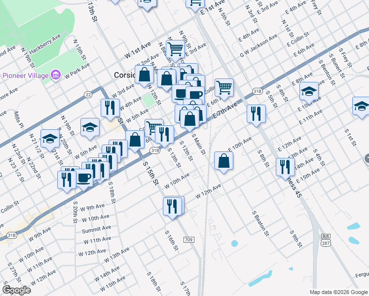 map of restaurants, bars, coffee shops, grocery stores, and more near 400 South 12th Street in Corsicana
