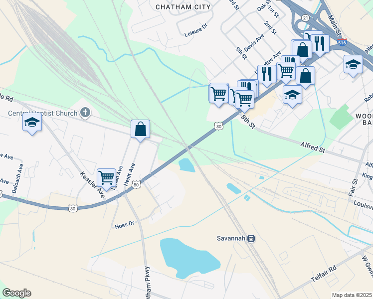 map of restaurants, bars, coffee shops, grocery stores, and more near 802 U.S. 80 in Savannah