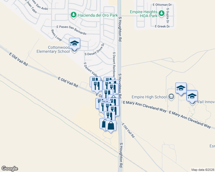 map of restaurants, bars, coffee shops, grocery stores, and more near 10185 East Old Vail Road in Tucson