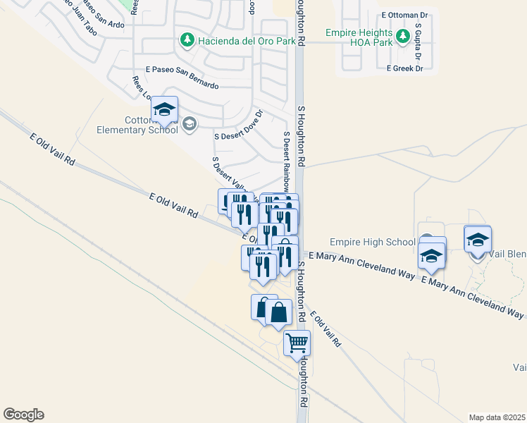 map of restaurants, bars, coffee shops, grocery stores, and more near 8866 South Desert Valley Way in Tucson
