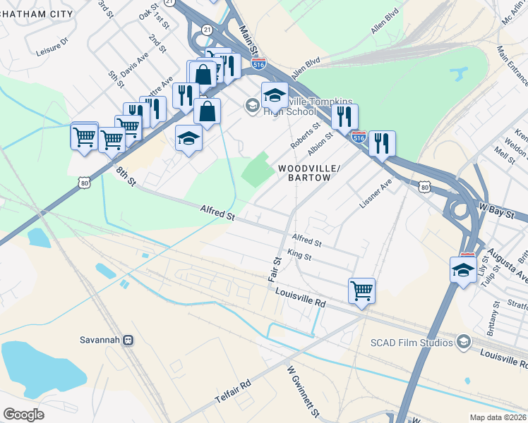 map of restaurants, bars, coffee shops, grocery stores, and more near 147 Albion Street in Savannah