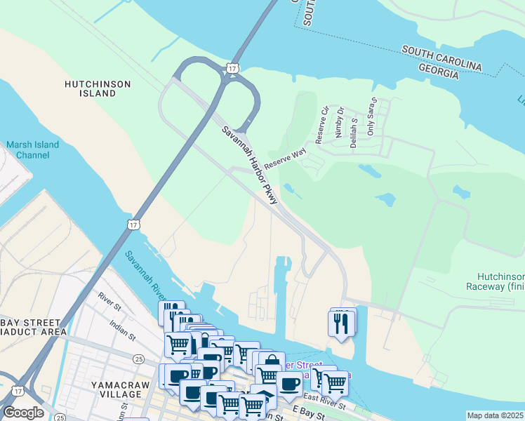 map of restaurants, bars, coffee shops, grocery stores, and more near Wayne Shackleford Parkway in Savannah