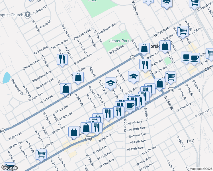 map of restaurants, bars, coffee shops, grocery stores, and more near 1212 West 3rd Avenue in Corsicana