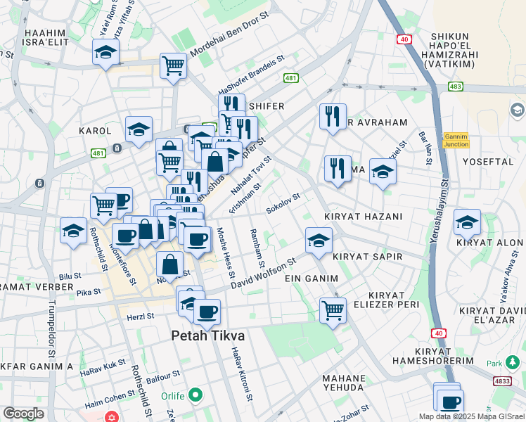 map of restaurants, bars, coffee shops, grocery stores, and more near 7 Sokolov Street in Petah Tikva