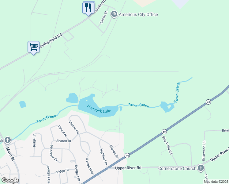 map of restaurants, bars, coffee shops, grocery stores, and more near 402 Rigas Road in Americus