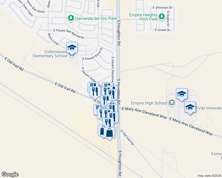 map of restaurants, bars, coffee shops, grocery stores, and more near 8837 South Desert Rainbow Drive in Tucson