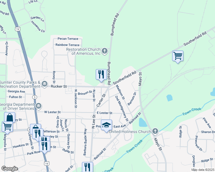 map of restaurants, bars, coffee shops, grocery stores, and more near 105 Bumphead Road in Americus