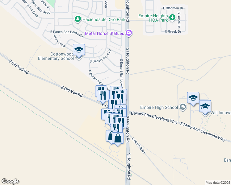map of restaurants, bars, coffee shops, grocery stores, and more near 8855 South Desert Valley Way in Tucson