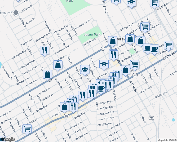 map of restaurants, bars, coffee shops, grocery stores, and more near 1101 West 3rd Avenue in Corsicana
