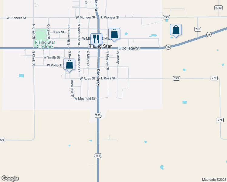 map of restaurants, bars, coffee shops, grocery stores, and more near 410 Joyce Street in Rising Star