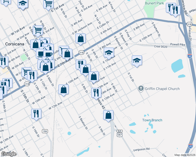 map of restaurants, bars, coffee shops, grocery stores, and more near 601 East 11th Avenue in Corsicana