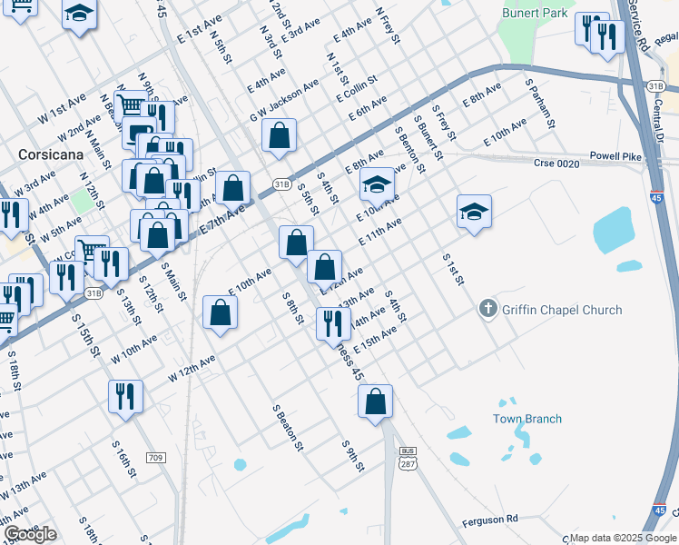 map of restaurants, bars, coffee shops, grocery stores, and more near 608 East 12th Avenue in Corsicana