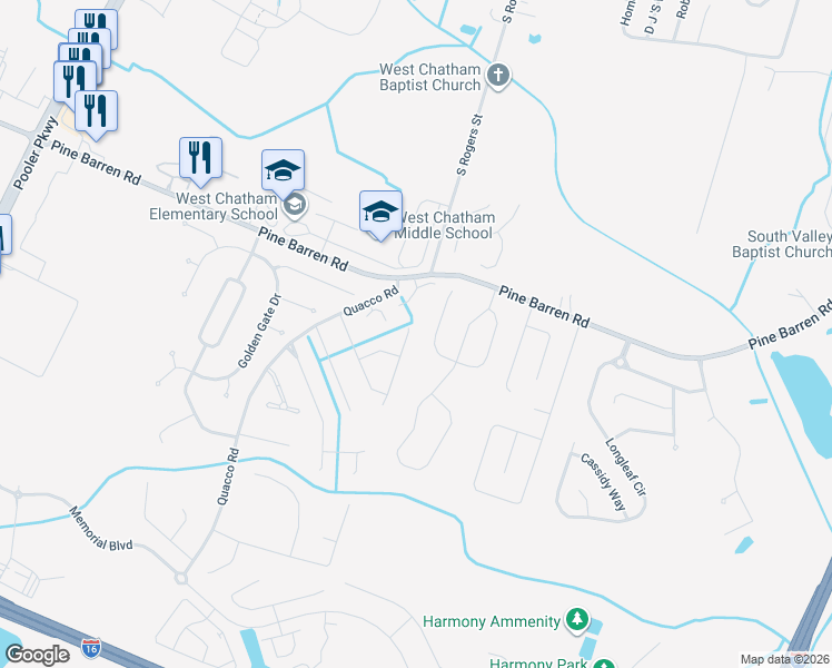 map of restaurants, bars, coffee shops, grocery stores, and more near 25 Pebble Road in Pooler